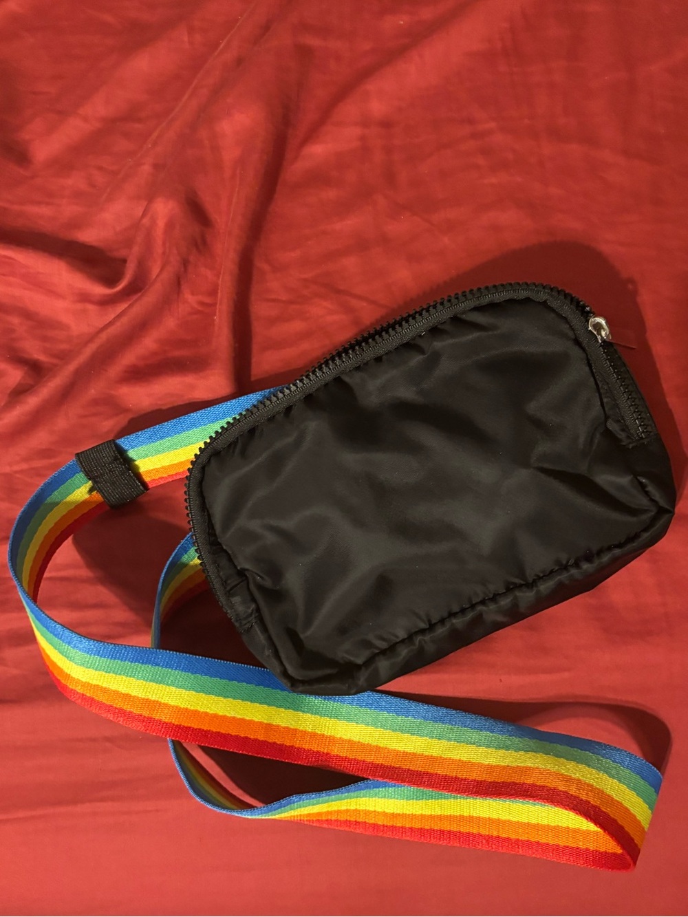 Black Nylon Crossbody Bag with Rainbow Strap